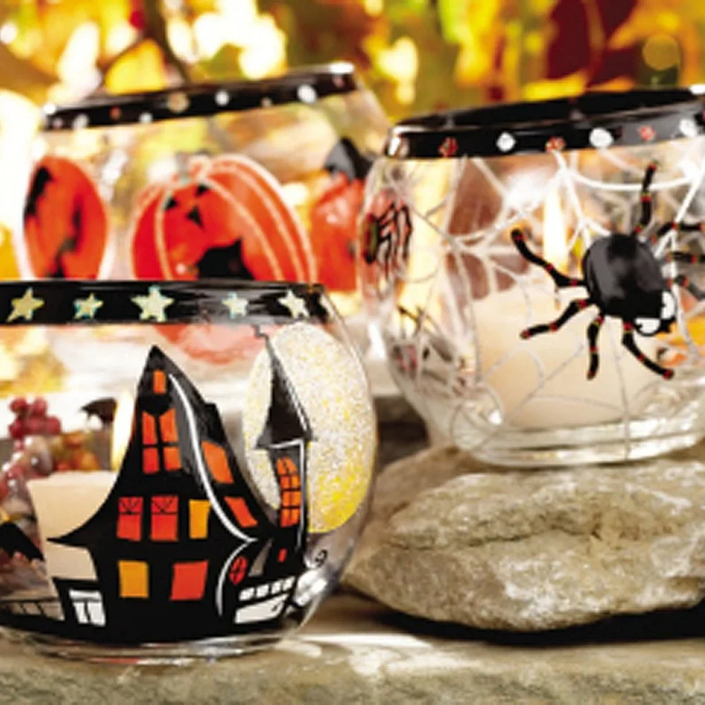 Set of Large Halloween Glass Votive Candle Holders Pumpkin Spider Haunted House